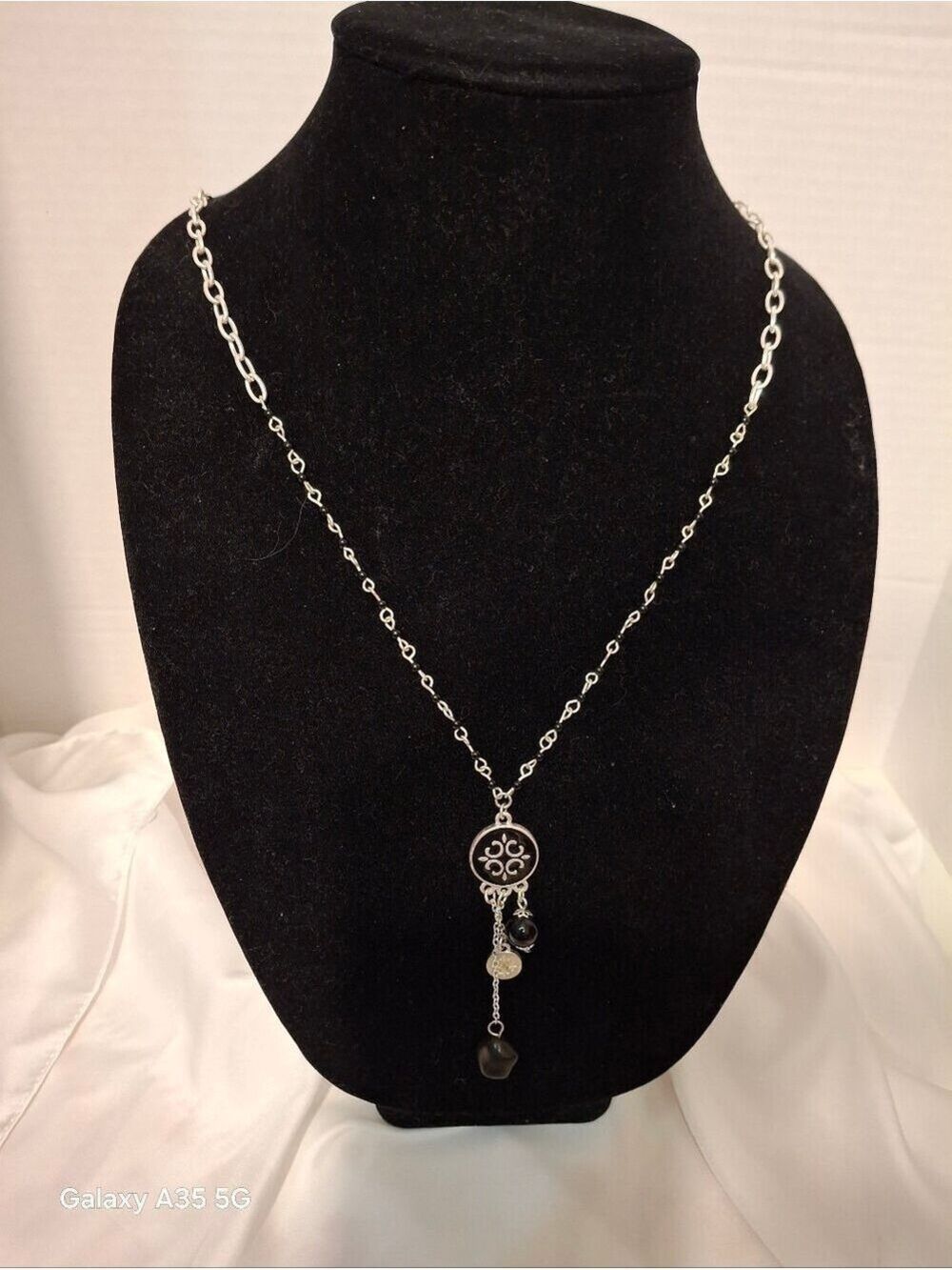 Isis Silver And Black Beaded Chain Necklace With Pendant